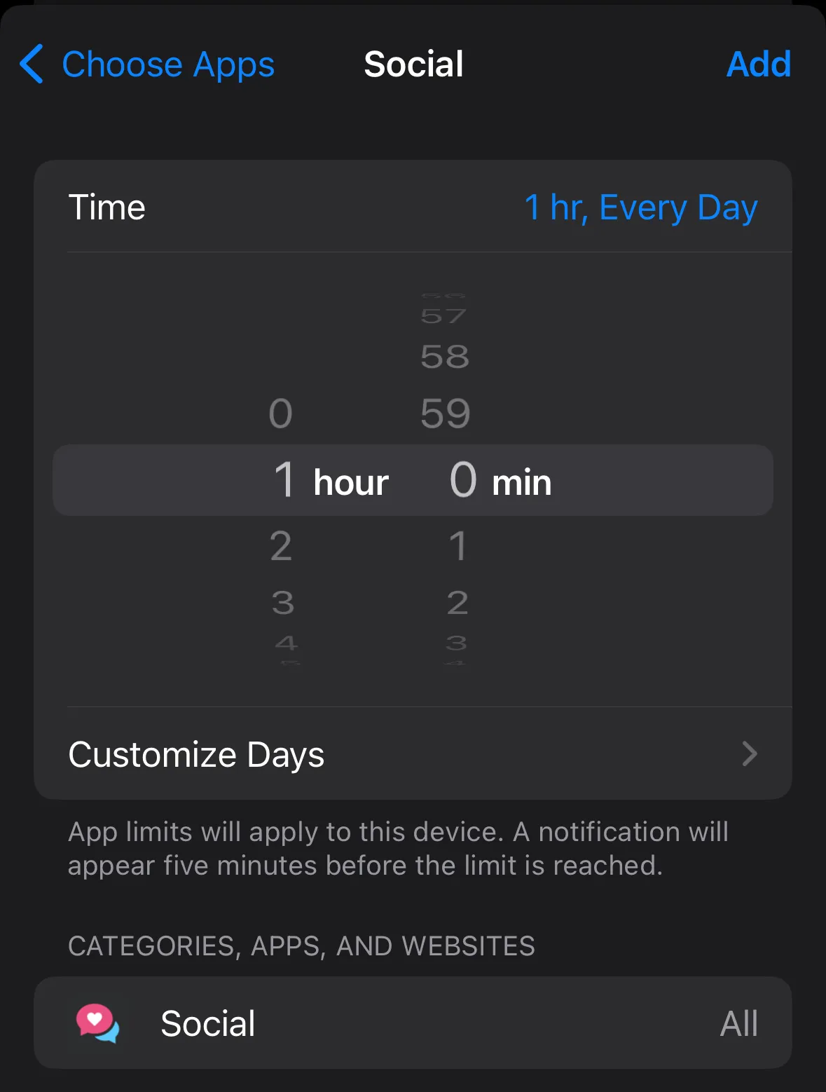 Apple Screen Time app limits Apple’s Screen Time app limit screen showing a timer selection for how much time you can spend on social media apps each day